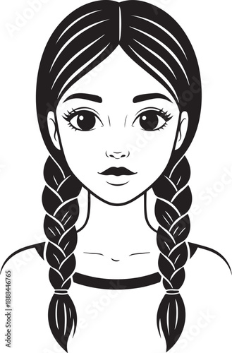 Stylized black and white vector portrait of a young girl with braids, featuring large expressive eyes and a gentle smile.