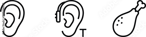 Minimal line icons set with human ear hearing aid and chicken leg for food and health concepts vector illustration