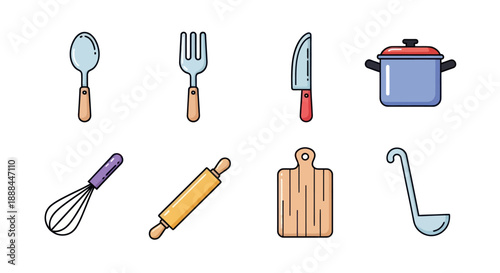 Illustrated kitchen utensils spoon fork knife pot whisk rolling pin cutting board ladle
