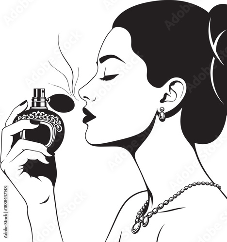 Elegant Woman Spritzing Perfume, Vintage Beauty Advertisement Style Illustration