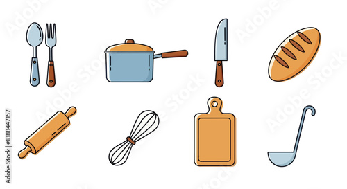 Illustrated kitchen utensils and food items on white background