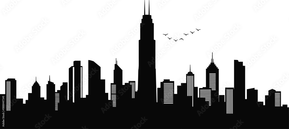 Obraz premium Black silhouette of urban skyline featuring iconic skyscraper and flying birds, emphasizing architectural diversity, cityscape identity, and minimalist vector design.