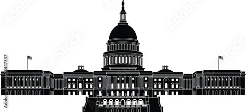 Black silhouette of United States Capitol building with dome and flags, symbolizing American democracy, federal government, and historic architecture in Washington, D.C.