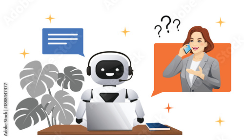 Customer support service. AI robot wearing headset talking to a woman on the phone, call center or hotline support concept. Vector illustration isolated