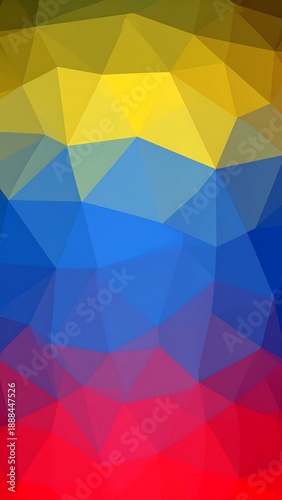 Geometric, multicolored low-poly art. Varied hues yellow, blue, red form a visual texture