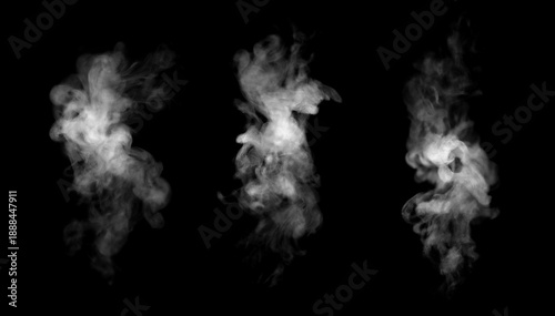 Konstfotografi Set of three abstract white smoke or vapor shapes isolated on black background, realistic fog texture for overlay and visual effects, steam movement, mystery atmosphere, dramatic design element
