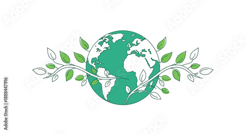 Green planet Earth encircled by sprouting branches with leaves, symbolizing nature and growth