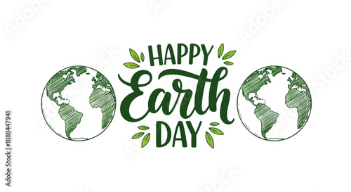 Happy Earth Day Green Brush Stroke Globe Illustration with Leaves