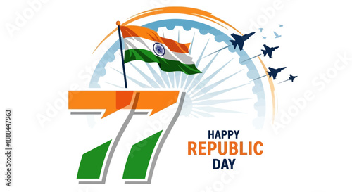 Happy 77th Republic Day India Greeting with Tricolor Flag and Air Show