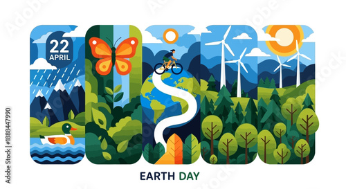 Vibrant Earth Day Illustration Celebrating Nature, Cycling, and Renewable Energy