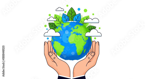 Hands Gently Holding Planet Earth Surrounded by Lush Greenery and Fluffy Clouds
