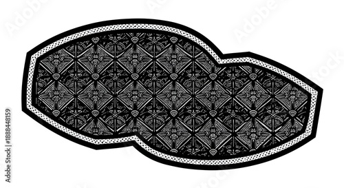 Geometric, symmetrical pattern inside a bean-shaped frame, black and white