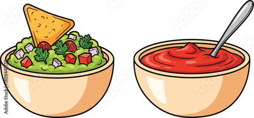 Illustration of guacamole and salsa bowls with toppings and tortilla chip, representing popular Mexican dips in colorful and festive culinary style.