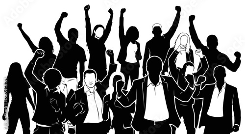 Diverse Group of People Silhouettes with Raised Fists, Symbolizing Unity and Empowerment