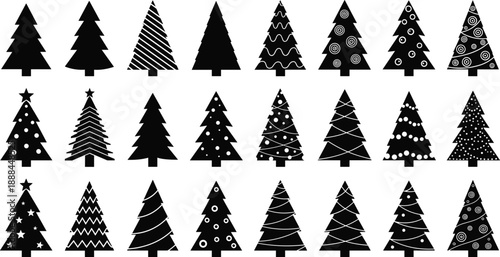 Black Christmas tree silhouette set isolated on white background for winter holiday decorative design evergreen fir pine forest icons traditional seasonal celebration vector graphics