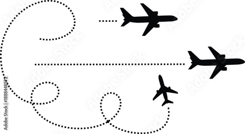 Black airplane silhouettes with dotted flight path lines isolated on white background for travel aviation tourism vacation route planning destination logistics and transportation vector