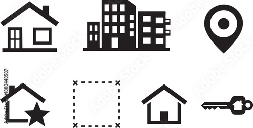 Minimalist set of six hand-drawn real estate icons in black ink outline style on white background.
