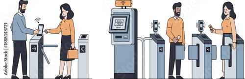 Modern contactless transit access with mobile ticketing, turnstile gates, and digital kiosks showing public transportation technology and urban commuting convenience.