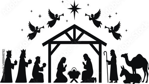 Nativity Scene Silhouette Illustration – Holy Family, Wise Men, Shepherds, and Star of Bethlehem Depicting the Birth of Jesus Christ for Christmas ThemesNativity Scene Silhouette Illustration – Holy 