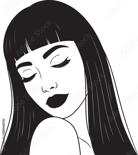 Close-up portrait of a woman with long dark hair, bangs, and dark lipstick, eyes closed in a dreamy pose. Mysterious, romantic, elegant.