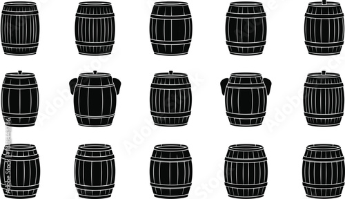 Large collection of fifteen wooden barrel silhouettes in various styles and shapes for brewery winery storage and rustic industrial design projectsLarge collection of fifteen wooden barrel