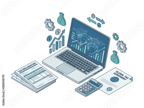 Financial Strategy Vector With Tax Forms and Laptop Analysis