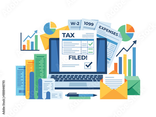 Tax Filing Vector Illustration with Financial Charts and Laptop