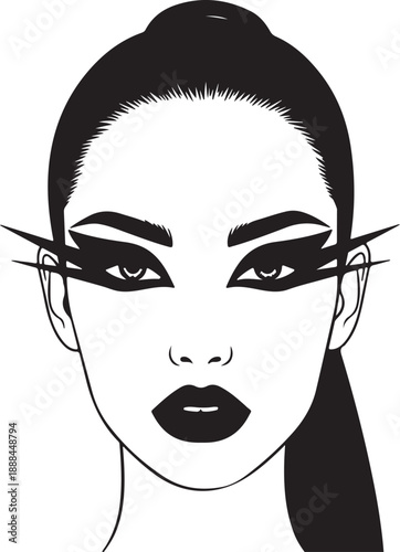 Powerful black and white illustration of a woman's face with sharp, dramatic winged eyeliner and a sleek ponytail. Fierce, confident, modern beauty.