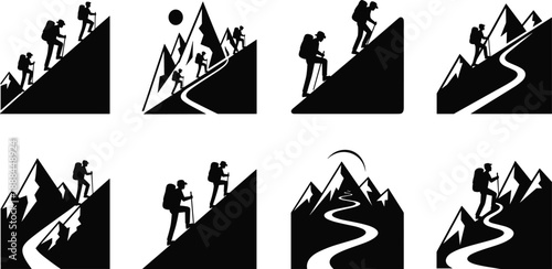Set of black and white hiking icons featuring mountain landscapes, backpackers, trekking paths, and outdoor adventure symbols for travel, signage, and gear branding use.