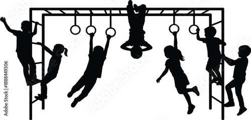 Slika na platnu Silhouette of Children Playing on Monkey Bars – Energetic Playground Scene Illus