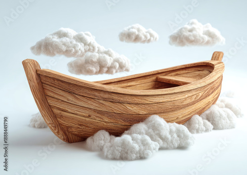 Wooden rowboat on fluffy cloudscape