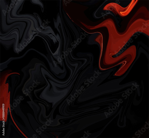 Abstract fluid acrylic paint pour texture background featuring dark charcoal gray swirling patterns contrasted sharply with vivid scarlet red liquid highlights