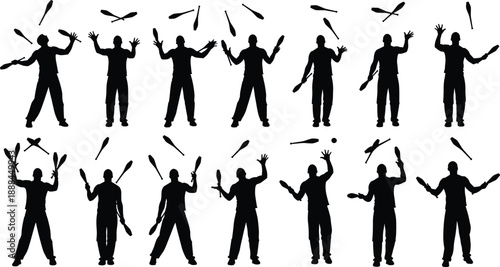 Juggler Silhouette Set Featuring Professional Performers Tossing Clubs and Objects in Dynamic Circus, Street Show, and Entertainment Action Poses for Creative Design Use