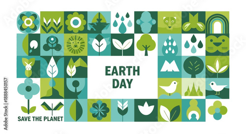 Geometric Earth Day Illustration with Nature Icons and Save the Planet Text