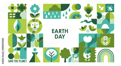 Geometric Earth Day Vector Illustration with Nature Elements and Save the Planet Message