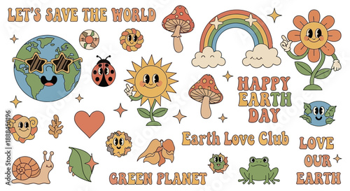 Retro Groovy Earth Day Celebration Sticker Pack for Eco-Friendly Design
