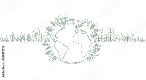 Continuous Drawing of Earth Embraced by Lush Greenery and Trees