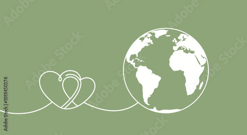 White Art of Earth and Hearts on a Green Background, Love Nature Concept