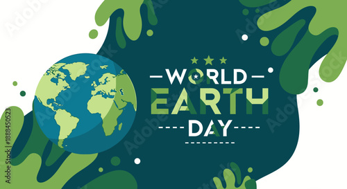 World Earth Day Celebration: Green Planet Illustration with Nature Elements