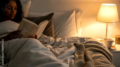 Woman Relaxing in Bed with Book and Lamp.