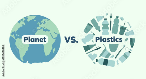 Planet vs Plastics Concept: Earth globe contrasted with plastic waste and pollution