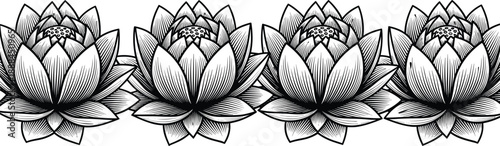 Black and white vector illustration featuring a row of four detailed lotus flowers in a traditional woodcut engraving style for zen and meditation designs