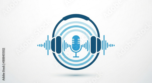 Podcast logo with microphone and headphones on sound waves symbolizing audio recording and broadcasting