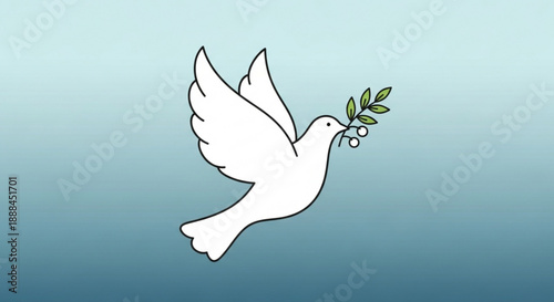 White dove flying with olive branch in beak against blue gradient background symbolizing peace and harmony in simple illustration style