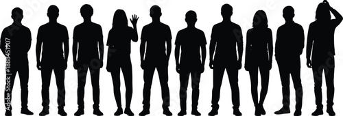 Silhouettes of diverse human figures in various poses standing in a row, emphasizing body language, posture, and identity for design and communication concepts.