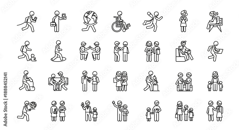 Obraz premium Diverse Human Figure Vector Icon Set: People in Various Activities and Relationships