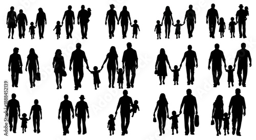 Diverse Family Silhouettes Walking Together Vector Illustration Set