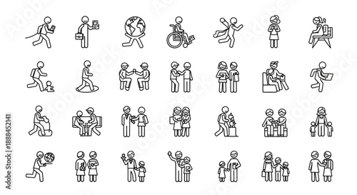 Diverse Human Figure Vector Icon Set: People in Various Activities and Relationships
