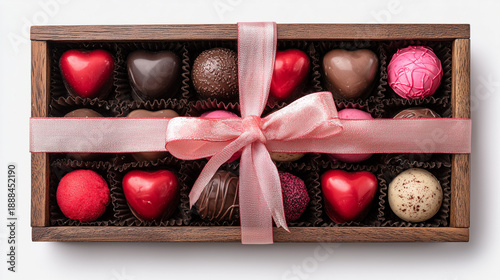 A premium overhead view of an elegant Valentine's Day chocolate gift box made of natural dark wood, filled with assorted heart-shaped and round gourmet truffles, finished with a pink satin ribbon.