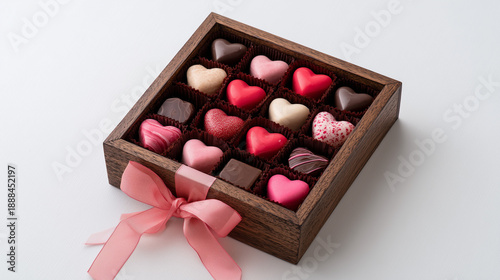 A premium overhead view of an elegant Valentine's Day chocolate gift box made of natural dark wood, filled with assorted heart-shaped and round gourmet truffles, finished with a pink satin ribbon.
